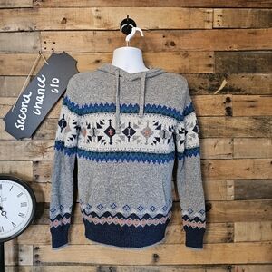 American Eagle Mens Sweater Aztec Tribal Gray Fair Isle Hoodie  Size S